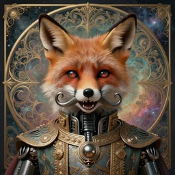 simple single joyous hybrid fox and robot face, reaching nirvana, goofy, silly, dmt, large metal mustache, muted colors, benevolent, nebula background, glowing eyes, detailed realistic surreal retro robot in full regal attire. face portrait. art nouveau, visionary, baroque, giant fractal details. vertical symmetry by zdzisław beksinski, highly detailed, realistic
