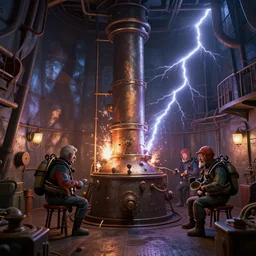 boiler room of a ship, victorian alchemists, old scuba, sparks, electrical shocks, lightning bursts, polygonal iron steel walls, by peter mohrbacher dan mumford craig mullins nekro, cgsociety, pixiv, volumetric light, 3 d render