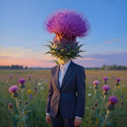 portrait, enormous thistle flower under the head, girl in a suit in field of a flowers, surreal photography, sunrise, blue sky, dramatic light, impressionist painting, digital painting, artstation, simon stalenhag