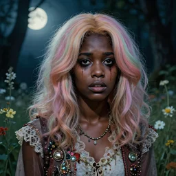a beautiful but creepy young black woman in layers of fear, with haunted eyes, violence in her eyes, pastel dyed hair, wearing a punk outfit, 1 9 7 0 s, seventies, delicate embellishments, a little blood, woodland, moonlight shining on wildflowers, painterly, offset printing technique, by alexandre cabanel