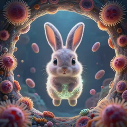 gates of heaven, expressive eyes, floating, rbc, bunny, radiolaria, protophyta, micro - organisms, center frame, symmetric, rim light, marine microbiology, bioluminescence, electric, fur, soft, concept art, intricate details, highly detailed, colorful, photorealistic, disney pixar, octane render,
