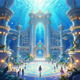 close up interior huge clean architecture, bright blue, anime style digital art, royal atlantis underwater palace, a lot of yellow warm lights, a lot of people, magical fantasy and vibrant, olympics, trending on artstation
