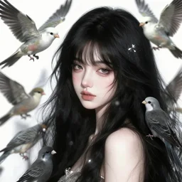 highly detailed ilustration of a beautiful cute girl with birds, endless black hair, with pale skin, by nicola samuri, by dino valls, by m. w. kaluta, rule of thirds, seductive look, 4 k resolution