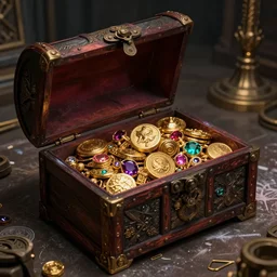 cinematic study of a fantasy chest containing gold and gemstones in a dungeon, chalk, masterpiece, trending on artstation, featured on pixiv, cinematic composition, dramatic, beautiful lighting, sharp details, hyper-detailed, HD, HDR, 4K, 8K, art by Basil Gogos