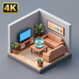 3d render of an isometric room containing a fishbowl on a table, a tv and a couch, 4k