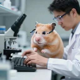 engineer hamster in tech glasses working in laboratory
