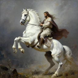 the first horseman of the apocalypse riding a white stallion, horse is up on it's hind legs, the rider looks like jesus, ominous, beautiful, artwork by artgerm and rutkowski, breathtaking, dramatic