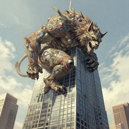 a giant beast climbing a skyscraper, concept art, trending on artstation, wlop, ross draws, digital painting, mixed media, intricate details,