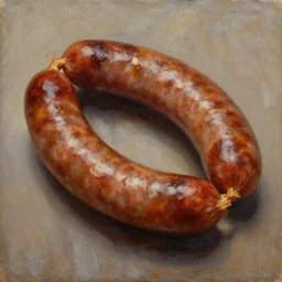 an oil painting of a thick greasy sausage