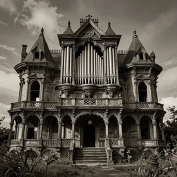 ancient wood and iron creepy old abandoned Victorian mansions made of pipe organ parts by ashley wood and phil hale, Vintage photography