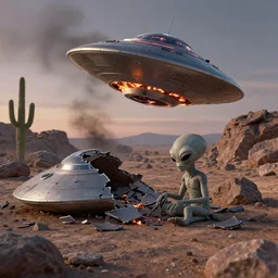 crashed burning UFO broken flying saucer in pieces strewn across a rocky desert, with a sad Roswell grey alien trying to repair his destroyed spacecraft in the desert, crashed smoking UFO, crashed bent and broken Flying Saucer, cactus and rocks in the background, dusk, featured on zbrush central, hurufiyya, zbrush, polycount, airbrush art