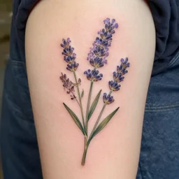 botanical tattoo design of verbena and lavender flowers, inking on skin, tattooed by osman hamdi bey and monet