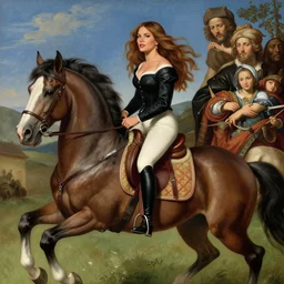 sophia vergara riding a stallion, by Kat Dennings, Titian, WLOP, Caravaggio, 4k, artstation