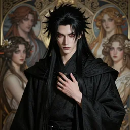 deuling scar, handsome japanese demon boy, young adult mazoku man with long wild spiky black hair, vantablack cloak, ultra - black cloak, red eyes, ultra realistic, intricate details, eerie, highly detailed, photorealistic, octane render, 8 k, art by artgerm, greg rutkowski, charlie bowater, magali villeneuve, alphonse mucha