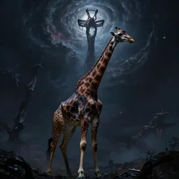 the transcendent giraffe embodying absolute darkness, photorealistic, detailed photography, divinity, awful, cosmic horror, religious art