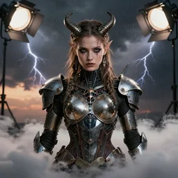 symmetry!!! closeup portrait of a biblical diabolical fashion wild hunter girl, stylish cyborg armor, in clouds, strong studio lights, thunder, rain! storm, sunset, by gerald brom, by mikhail vrubel, by peter elson, high contrast, muted colors, extreme detail, mirrors, trending on artstation, 8 k