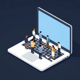 A small crowd of miniature professional people standing on a giant laptop, isometric, highly detailed, sharp lines, angular 16-color
