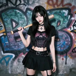 a goth girl standing, graffiti background, holding baseball bat with nails