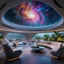 ultra modern concept design of a vast spaceship interior, futuristic chairs and sofas can be seen in the foreground, a large colorful nebula can be seen from a window, large plants in the background, in the style of Star Citizen, wide angle shot