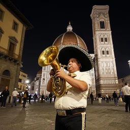 a fat mexican with hat play a tuba in a street of firenze, wide angle, night, by jules bastien - lepage