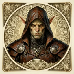 head-on symmetrical centered painted portrait, D&D male orc goblin rogue, leather armour, art nouveau, fractal tarot card style, masterpiece, fantasy, intricate, elegant, highly detailed, smooth, sharp focus, illustration, artstation, in the style of Artgerm and Anna Podedworna and Alex Ross and Mucha