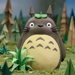 totoro in film still with a full still life film still commercial extreme closeup photo of real - life intricate origami plant, perfect eyes, tilt shift zaha hadid real - life origami forests background, fox ear insta filter, cinestill, 8 k