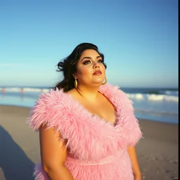 fat divine with make up, wearing a furry dress on a beach, kodachrome taken with contax g 1, vivid colours