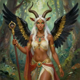 the beautiful forest fairy has brown skin, white hair, antelope horns on her head, green eyes and the third eye on her forehead. she wears more exposed indian clothes and dunhuang clothes. she has black and gold wings behind her and holds a brown scepter in her hand. character design, colorful, painting by gaston bussiere, craig mullins, j. c. leyendecker, tom of finland