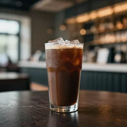 photograph of one iced coffee glass vial, cinematic lighting high bokeh in an upscale modern location
