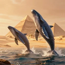 concept art of two whales in heavy armor jumping out of sea in desert with pyramids, cyberpunk style by greg rutkowski, artgerm, octane render, foggy, orange glow, dune mood,