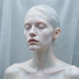 out of focus photorealistic portrait of a beautiful!!! aesthetic!!! pale woman by saul leiter, behind a white latex sheet, very blurry, translucent white skin, closed eyes, foggy