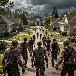zombies in foreground headed towards suburban home area, hyper realism, cinematic, volumetric lighting, dramatic ambient lighting, epic composition, high detail, octane render, unreal engine, 8 k, high contrast, depth of field, concept art, 3 d render, digital art, deviantart artstation, ray tracing, extremely detailed, apocalyptic, very sharp,