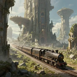 fantasy train landscape. an incredibly colossal giant ancient train rides through massive ancient ruins of megastructures. extremely high details, artstation contest winner, masterpiece, fantasy art, steampunk, digital art by anthony brault, hubert robert