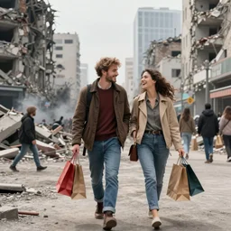 modern city destroyed by war in ruins with rich young couple walking around with shopping bags laughing, color photograph