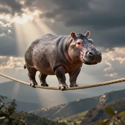 chihuahua - hippopotamus hybrid creature walking a tight rope