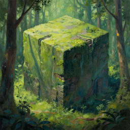 a giant cube in the forest, sci-fi painting by simon stålenhag, beautiful lighting, trending on artstation
