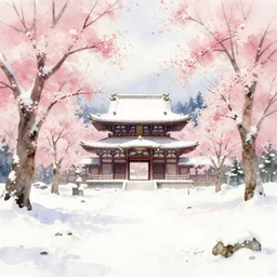 !!寺!! in a 雪 landscape surrounded by 桜, long shot, watercolour painting