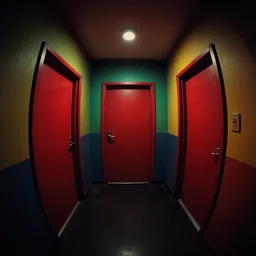dimly lit, theatre access corridor background, 3 doors, fish eye, ambient occlusion, octane renderer, 8k, color, vibrant