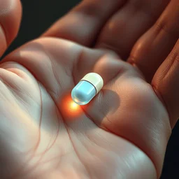 close - up of a glowing pill on the palm of a hand, painting, detailed, illustration digital drawing, smooth, sharp focus, unreal engine, realistic lightning. artist artgerm, greg rutkowski, wlop