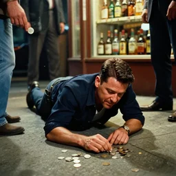 Ronald Reagan crawling to the liquor store drunk, cinematic lighting, people throwing change on the sidewalk,