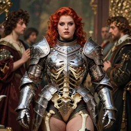character portrait of rubenesque woman onoskeleton wearing knightly armor from mortal shell, scorn game, by h r geiger, grim dark vibrant, rembrandt, bouguereau, cg society, tone mapping, global illumination