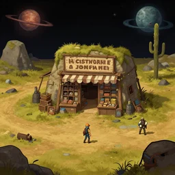in front of a general store in a remote outpost, on an alien planet, from a space themed point and click 2 d graphic adventure game, set design inspired slightly by hg giger and tomb raider, art inspired by thomas kinkade and [ [ [ [ [ greg rutkowski ] ] ] ] ]