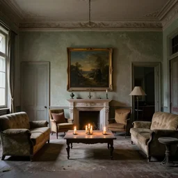 living room in an abondened mansion, candle lit, painting by claude mone