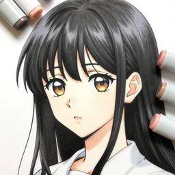 a copic maker manga portrait of an anime girl very detailed features by yoshiyuki sadamoto, alphons mucha, norman rockwell wearing a pilot suit cargo streetwear - lots of zippers, pockets, synthetic materials, chic'techno fashion trend by issey miyake and balenciaga 8 k