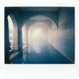 Beautiful Fuzzy Polaroid Photograph of an tiled infinite foggy liminal pool hallway with archways and water on the floor