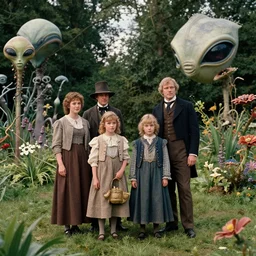 sharp, highly detailed, 36864k film, 175000mm film still from a sci fi blockbuster color movie made in 2019, set in 1860, of a family standing in a park, next to some strange alien plants and flowers, on an alien planet, the family are all wearing 1860s era clothes, good lighting, 35mm f/1.4L lens