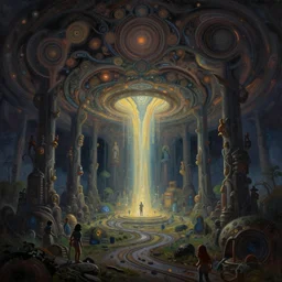 infinite streaming paradise enlightening the masses and portal to hell, fantastic and magical, moody and mysterious, ornate swirling information, intricate fractal algorithms, gorgeous detail, smooth sharp edges, crisp lines, beautifully detailed digital oil painting by artgerm and beeple