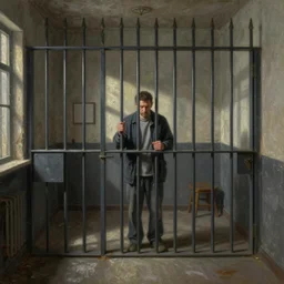 criminal in jail, old prison cell, dramatic, oil painting, cinematic by Greg Rutkowski