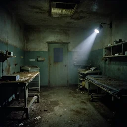 1986 photograph of interior view of a filthy, disused surgical room in a cursed hospital, night, illuminated by flashlight only, unsanitary, dirty, contaminated, liminal, 35mm photo, Fujifilm. Highly detailed, photographic, realistic, dramatic, cinematic