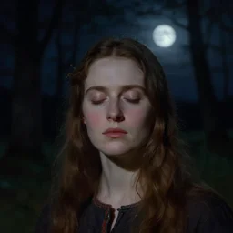 beautiful woman with her eyes closed, close - up face, walking in the forest at night. full moon. folk horror. john sell cotman